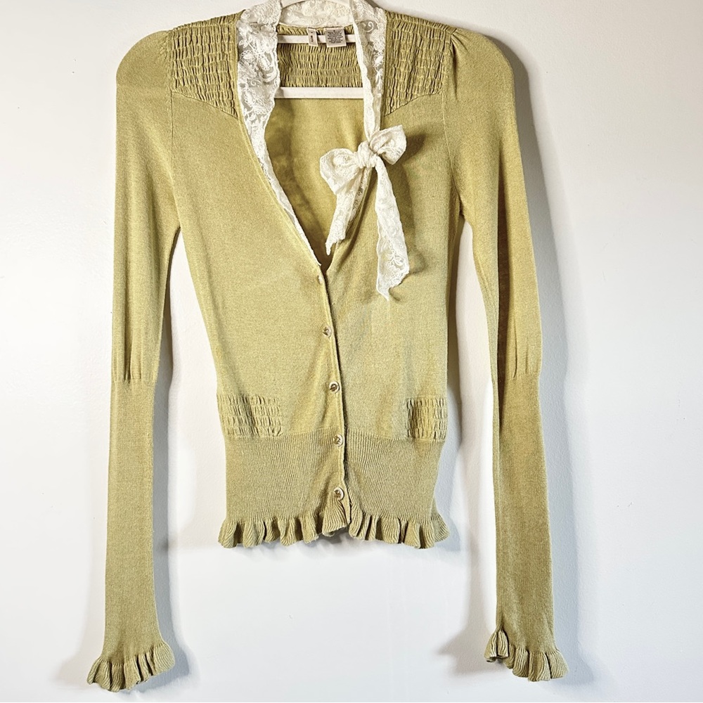 Anthropologie Green Cardigan with Lace Detail